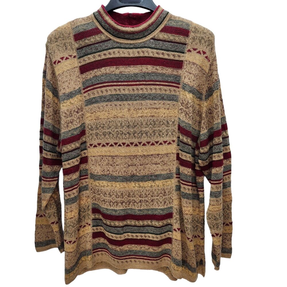 Koret Knit Sweater Womens 2X Crew Neck Tan Red Striped Zip Back Cabincore 90s